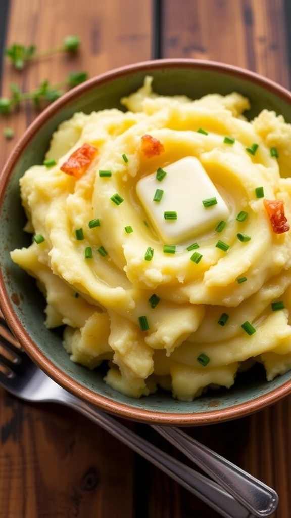 A bowl of creamy mashed golden potatoes with skin, garnished with butter and chives, on a rustic wooden table.